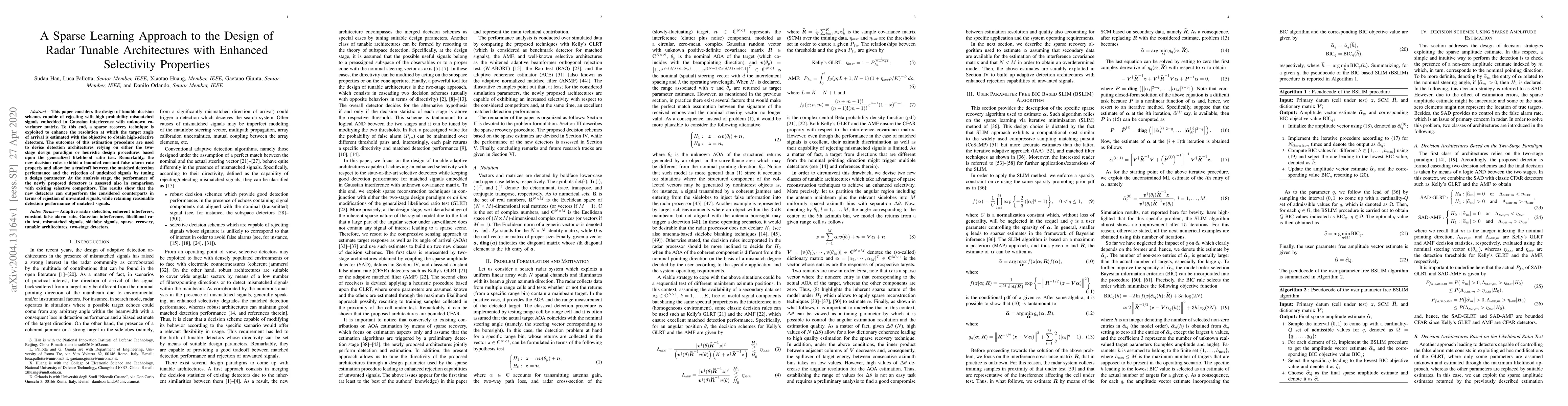 Thumbnail for A Sparse Learning Approach to the Design of Radar Tunable Architectures
  with Enhanced Selectivity Properties