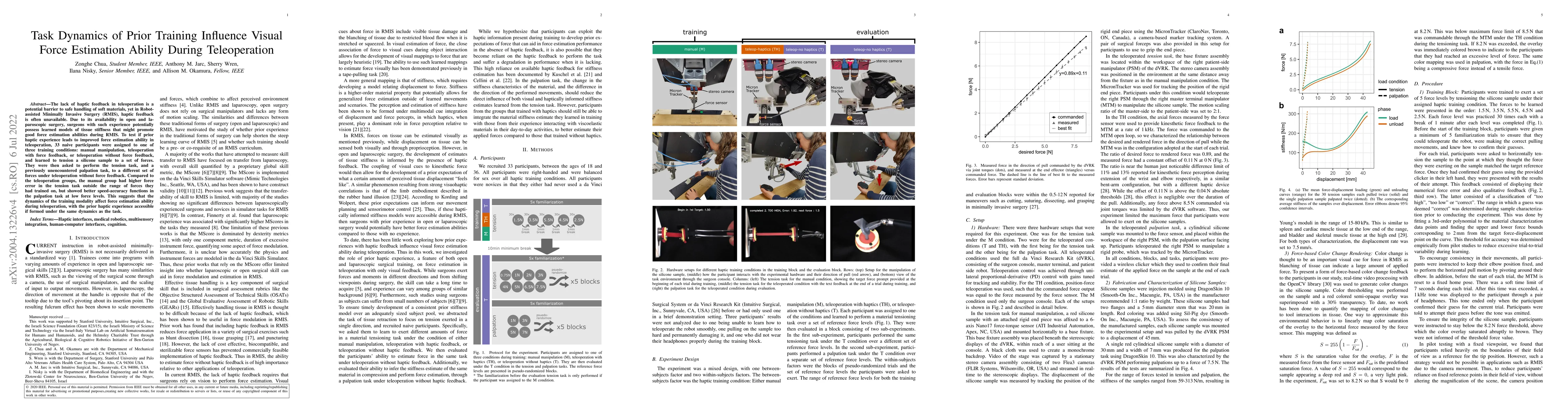 Thumbnail for Task Dynamics of Prior Training Influence Visual Force Estimation
  Ability During Teleoperation