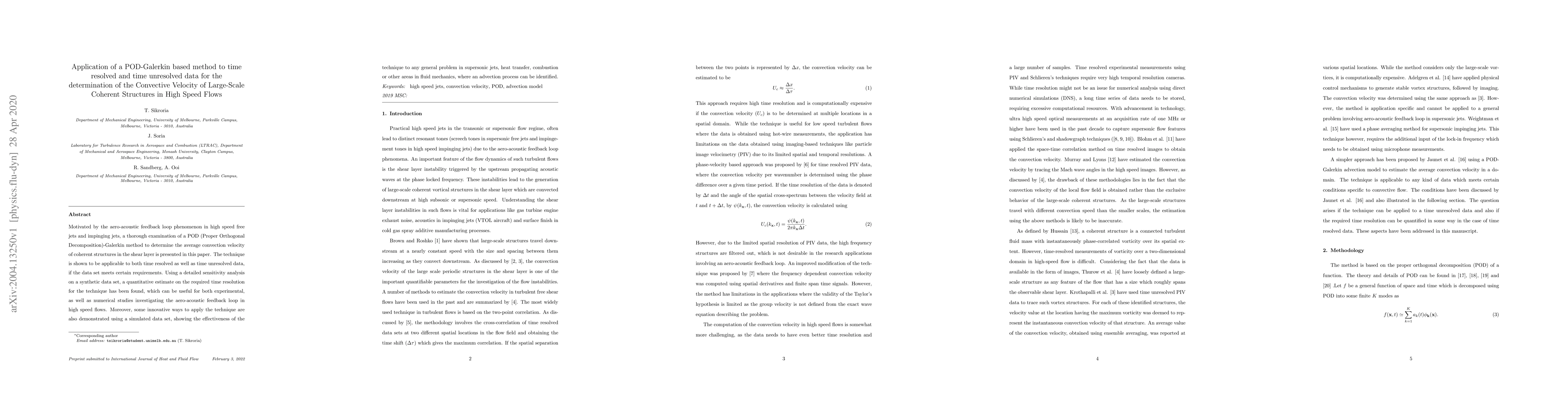 Thumbnail for Application of a POD-Galerkin based method to time resolved and time
  unresolved data for the determination of the Convective Velocity of
  Large-Scale Coherent Structures in High Speed Flows
