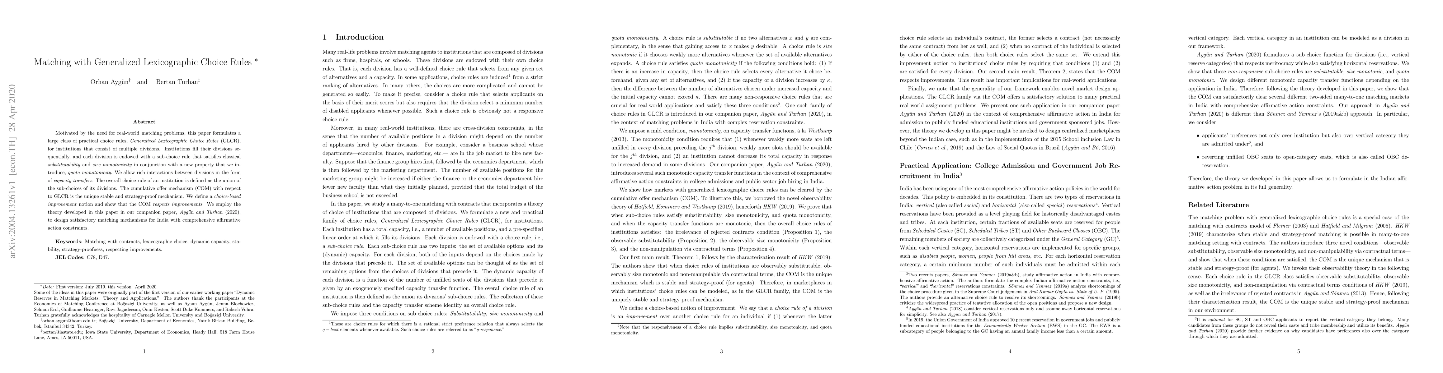 Thumbnail for Matching with Generalized Lexicographic Choice Rules