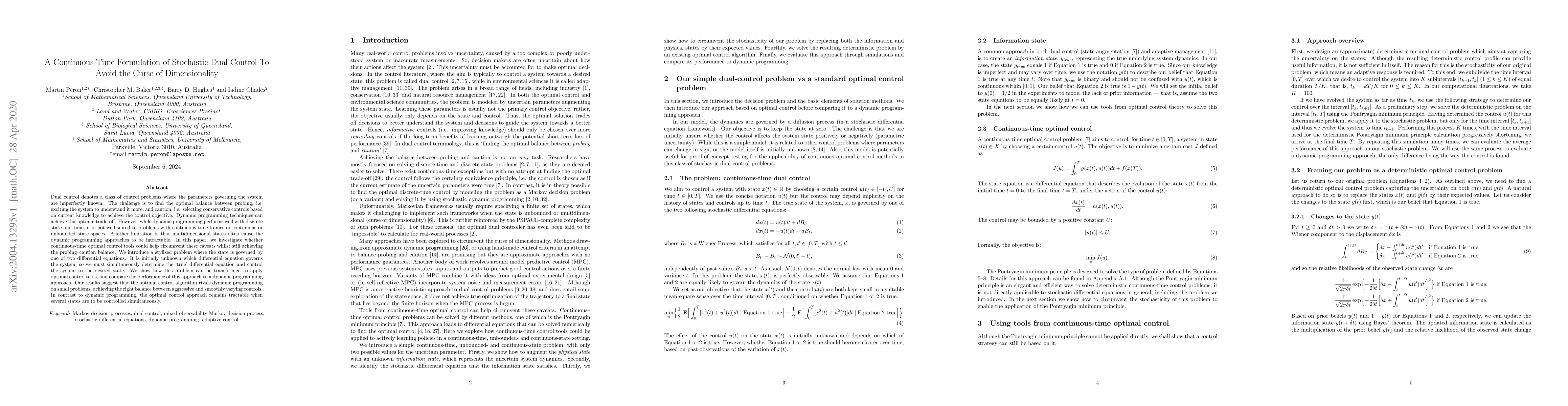 Thumbnail for A continuous time formulation of stochastic dual control to avoid the
  curse of dimensionality