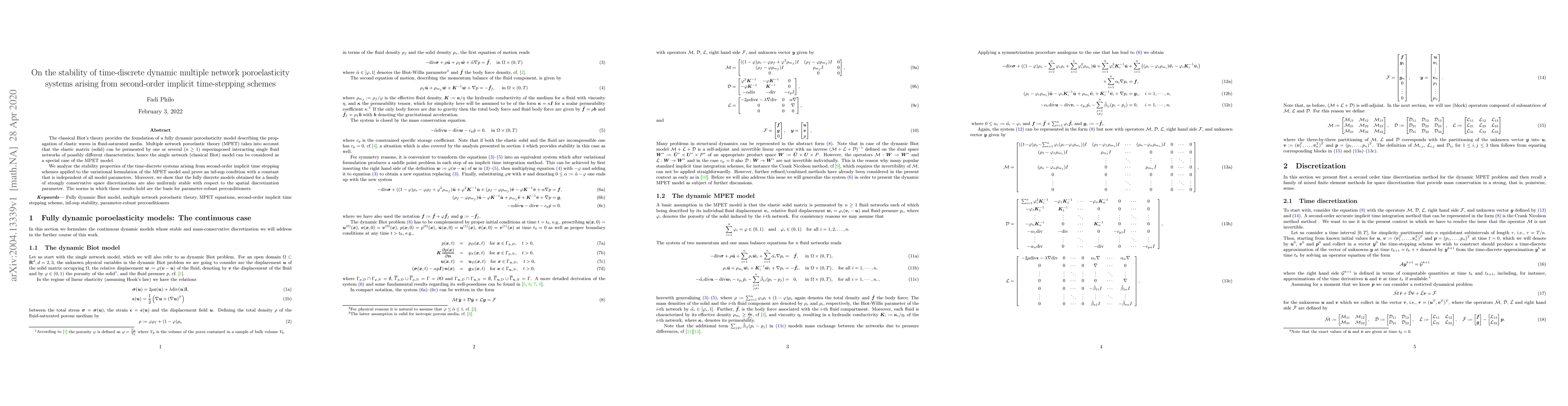 Thumbnail for On the stability of time-discrete dynamic multiple network
  poroelasticity systems arising from second-order implicit time-stepping
  schemes
