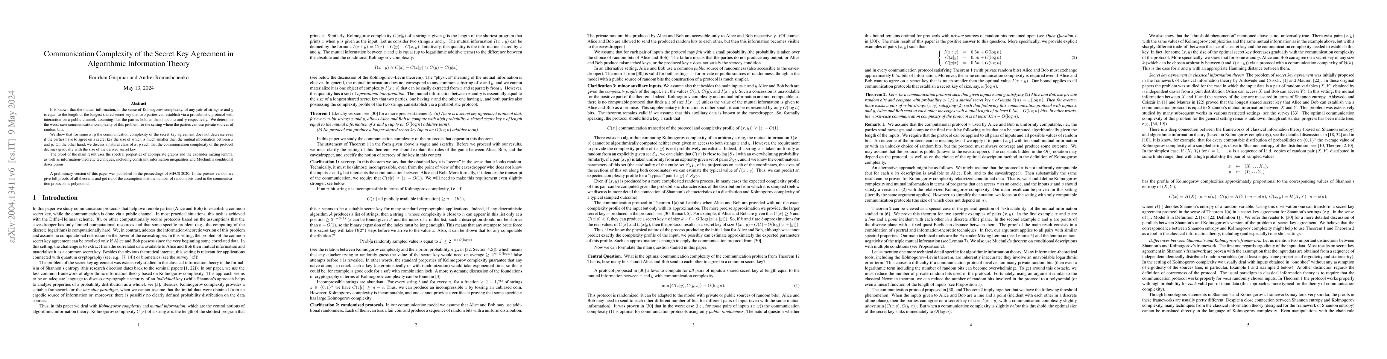 Thumbnail for Communication Complexity of the Secret Key Agreement in Algorithmic
  Information Theory
