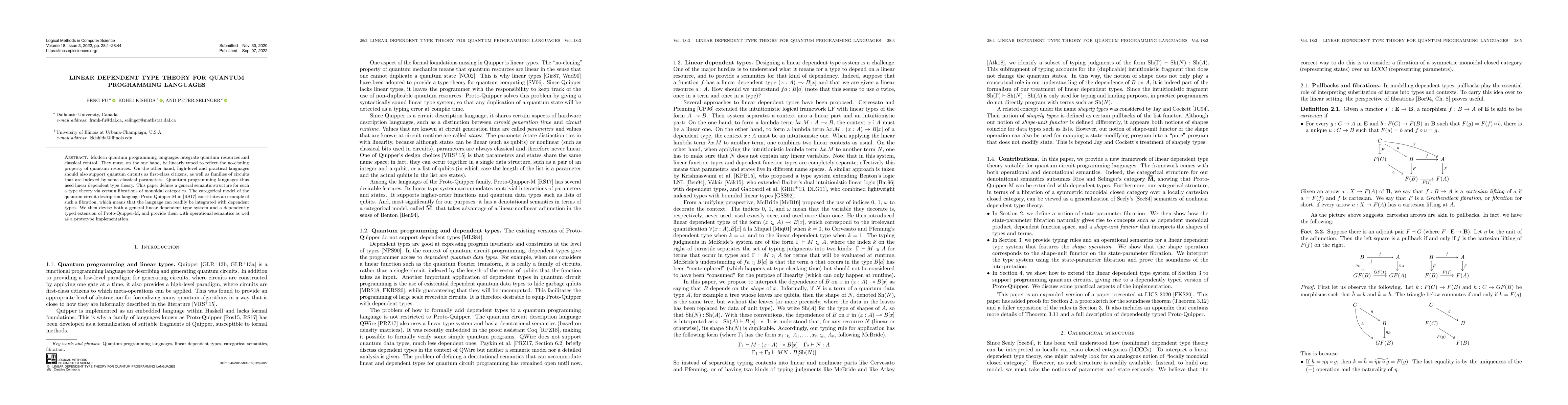 Thumbnail for Linear Dependent Type Theory for Quantum Programming Languages