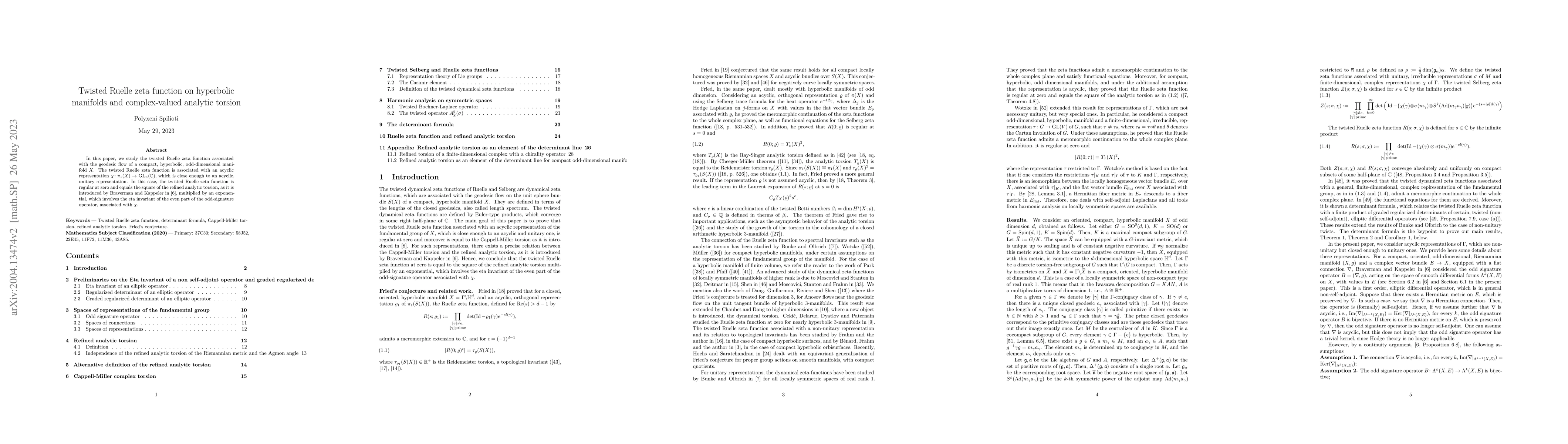 Thumbnail for Twisted Ruelle zeta function on hyperbolic manifolds and complex-valued
  analytic torsion