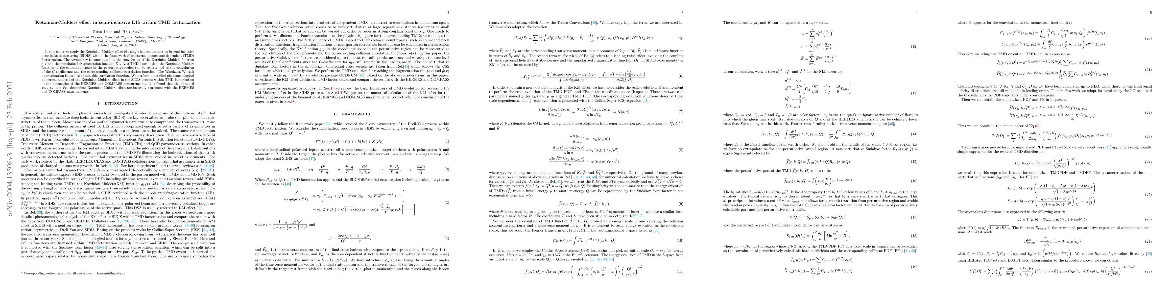 Thumbnail for Kotzinian-Mulders effect in semi-inclusive DIS within TMD factorization