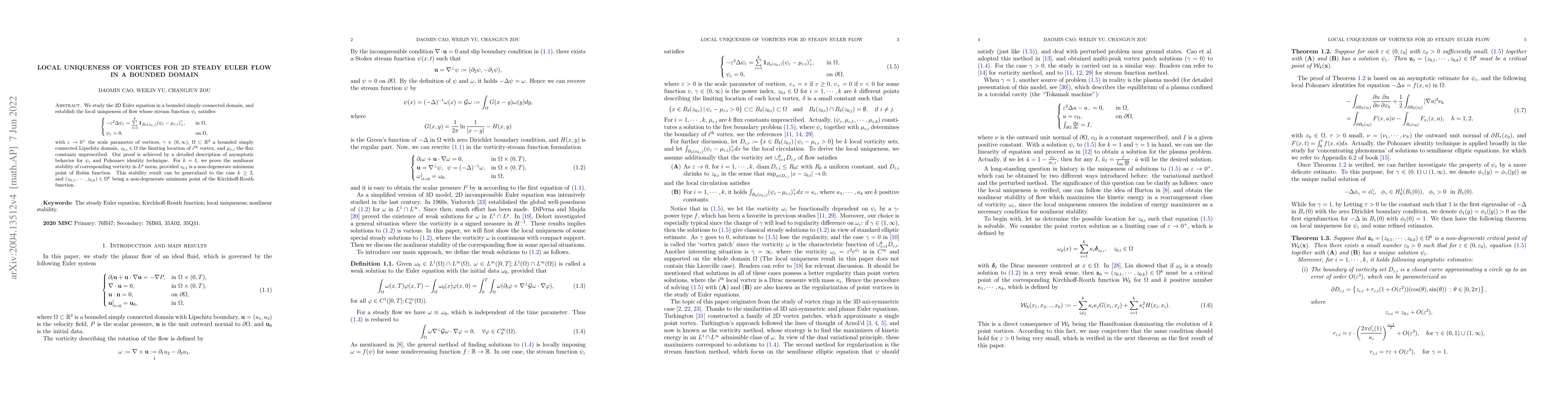 Thumbnail for Local uniqueness of vortices for 2D steady Euler flow in a bounded
  domain