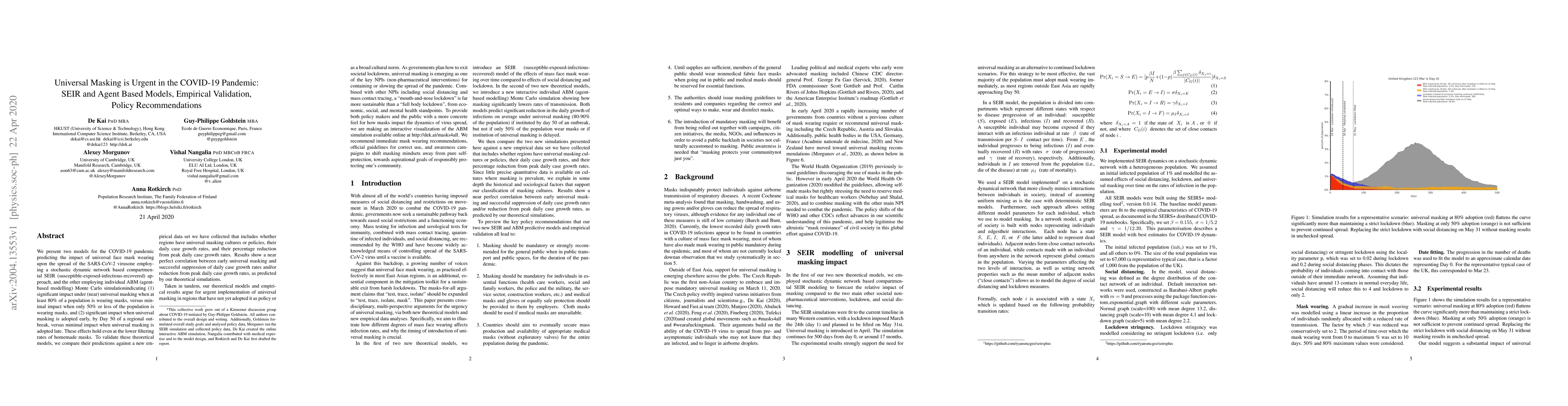 Thumbnail for Universal Masking is Urgent in the COVID-19 Pandemic: SEIR and Agent
  Based Models, Empirical Validation, Policy Recommendations