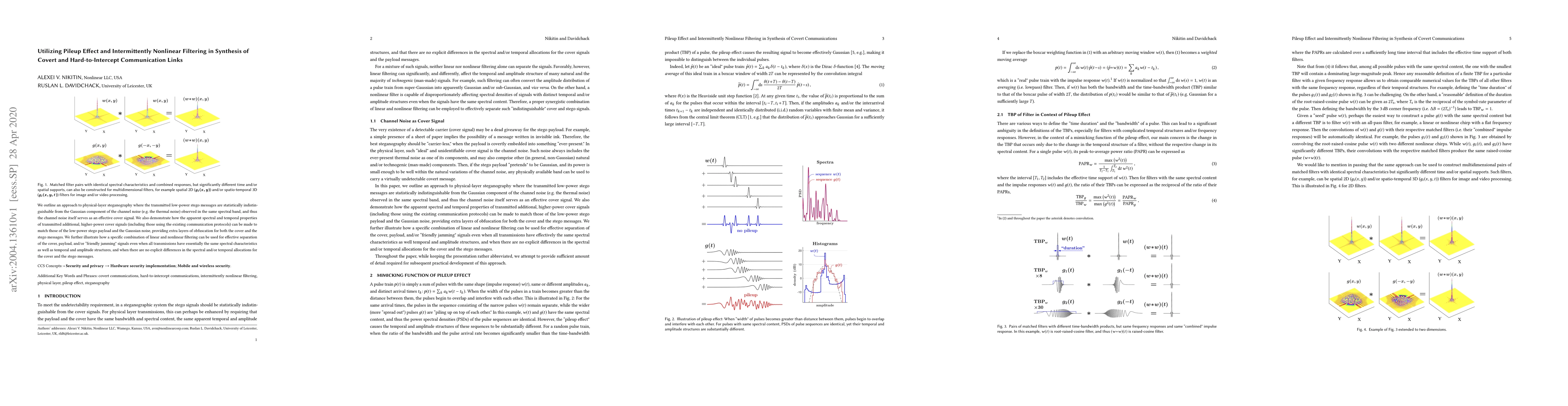Thumbnail for Utilizing Pileup Effect and Intermittently Nonlinear Filtering in
  Synthesis of Covert and Hard-to-Intercept Communication Links