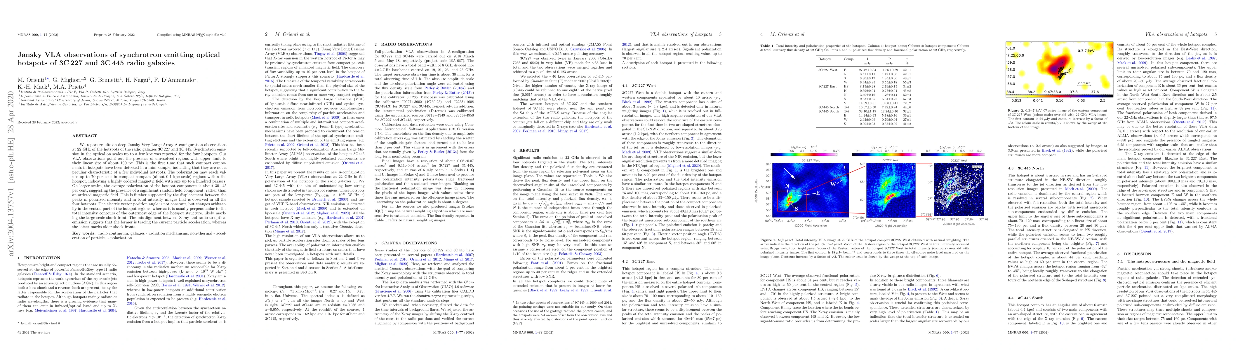 Thumbnail for Jansky VLA observations of synchrotron emitting optical hotspots of 3C
  227 and 3C 445 radio galaxies