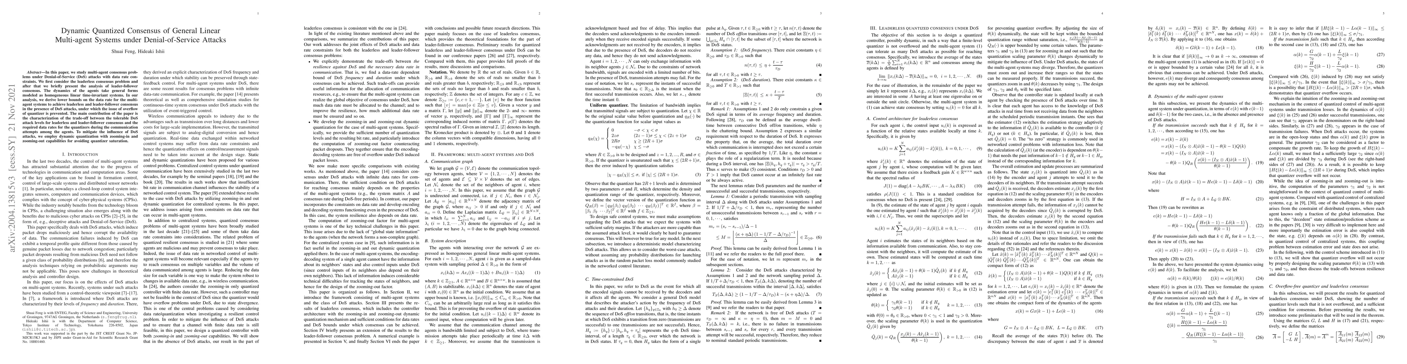 Thumbnail for Dynamic Quantized Consensus of General Linear Multi-agent Systems under
  Denial-of-Service Attacks