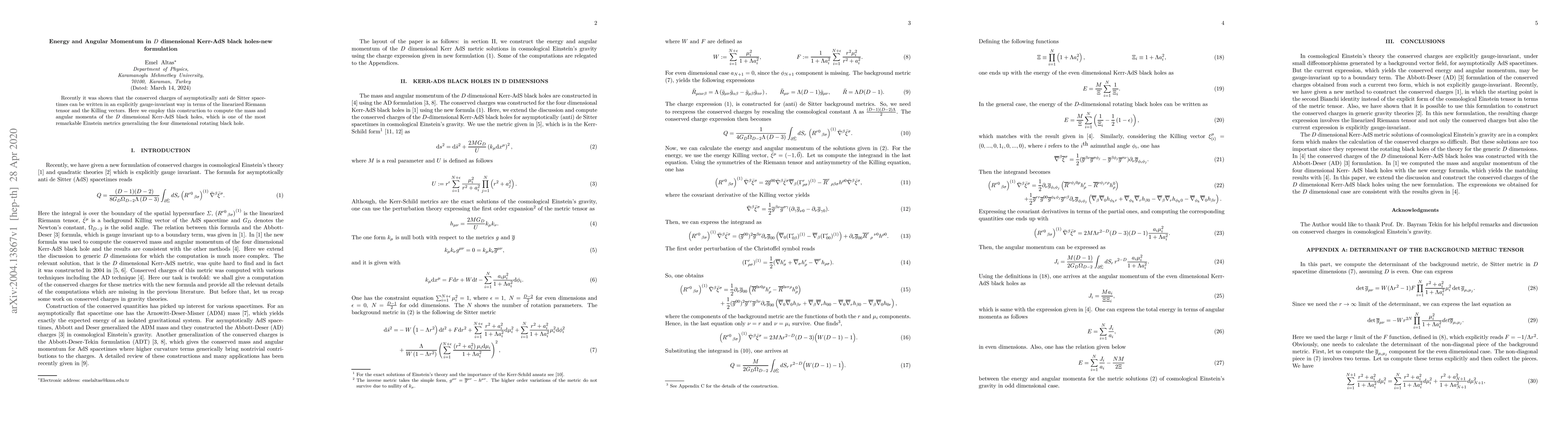 Thumbnail for Energy and Angular Momentum in D dimensional Kerr-AdS black holes-new
  formulation