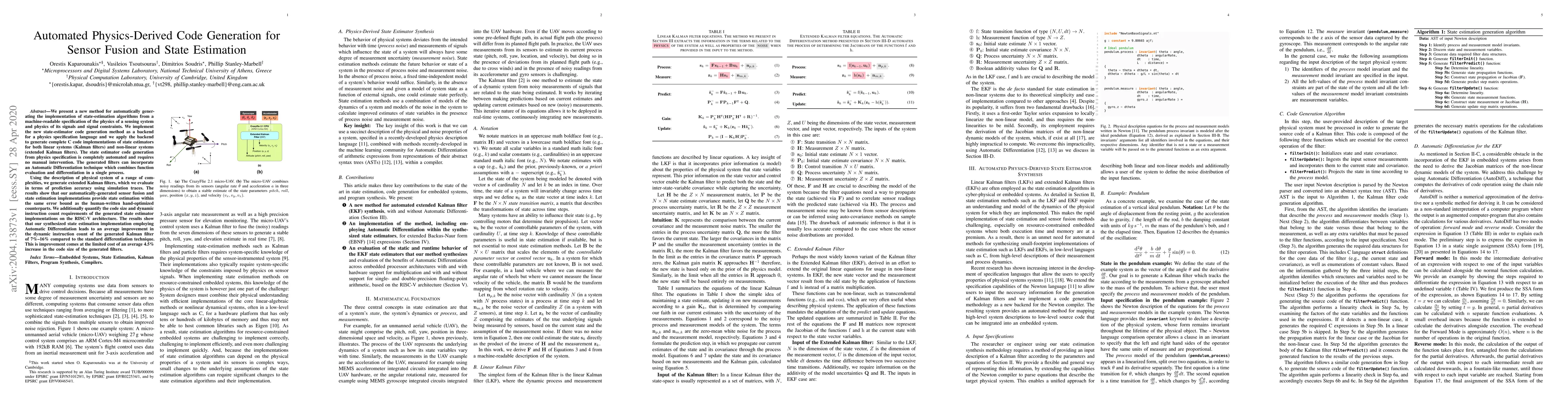 Thumbnail for Automated Physics-Derived Code Generation for Sensor Fusion and State
  Estimation