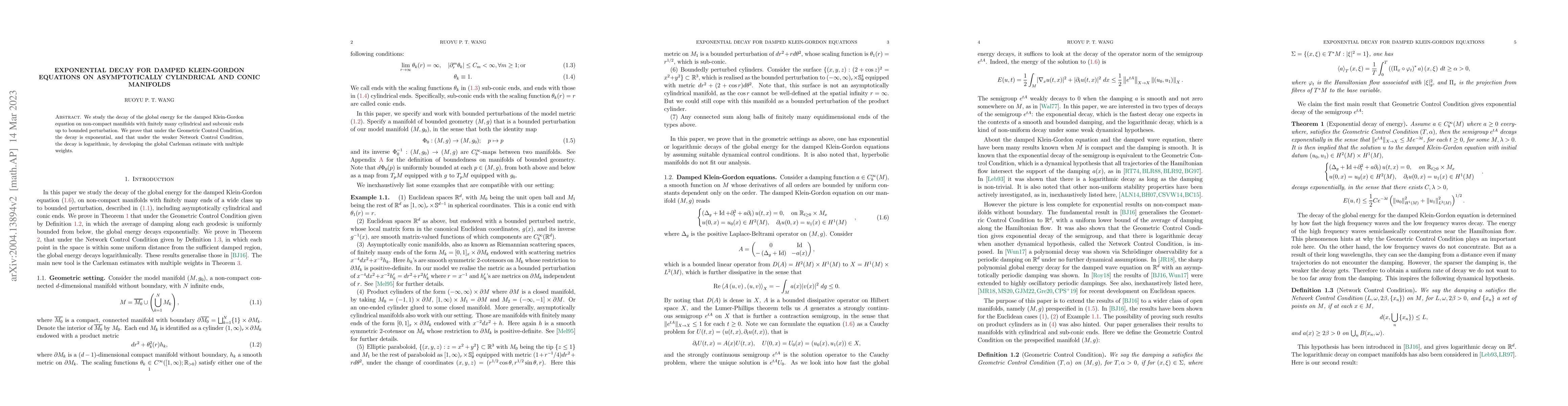 Thumbnail for Exponential decay for damped Klein-Gordon equations on asymptotically
  cylindrical and conic manifolds