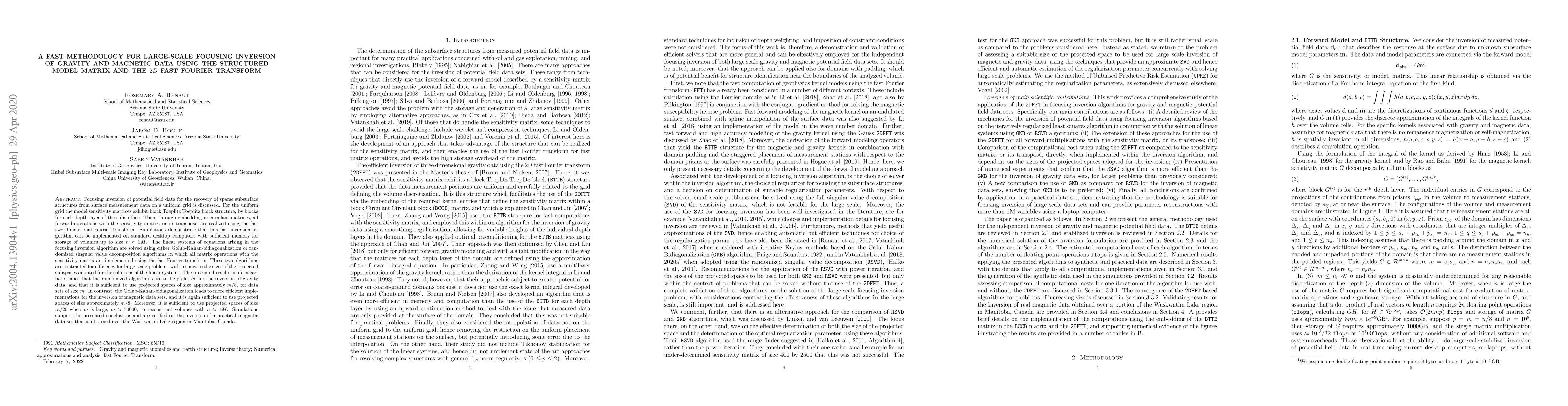 Thumbnail for A fast methodology for large-scale focusing inversion of gravity and
  magnetic data using the structured model matrix and the $2D$ fast Fourier
  transform