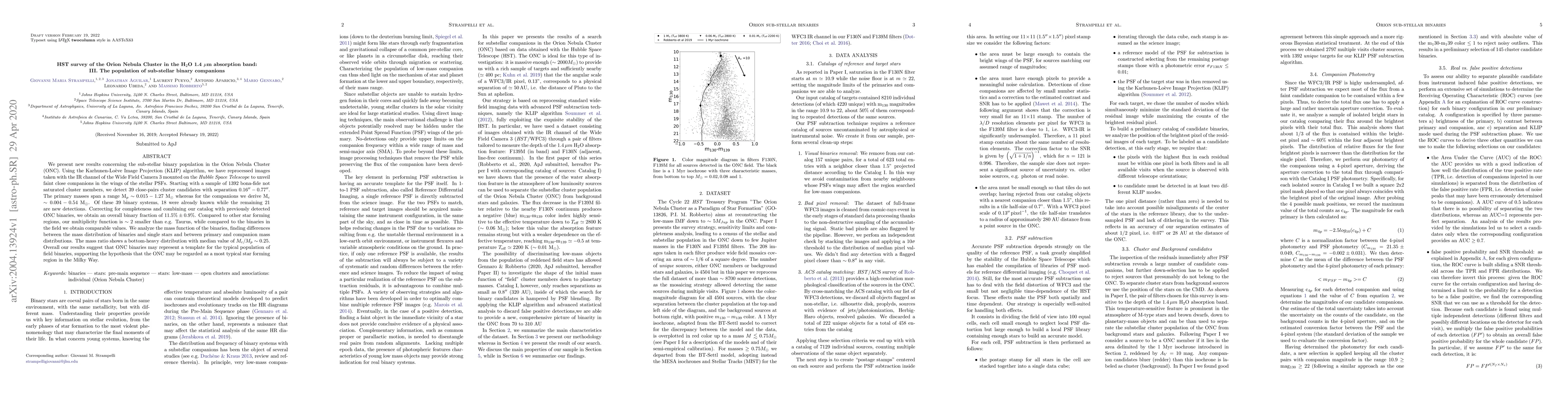 Thumbnail for HST survey of the Orion Nebula Cluster in the H$_2$O 1.4 $\mu$m
  absorption band: III. The population of sub-stellar binary companions
