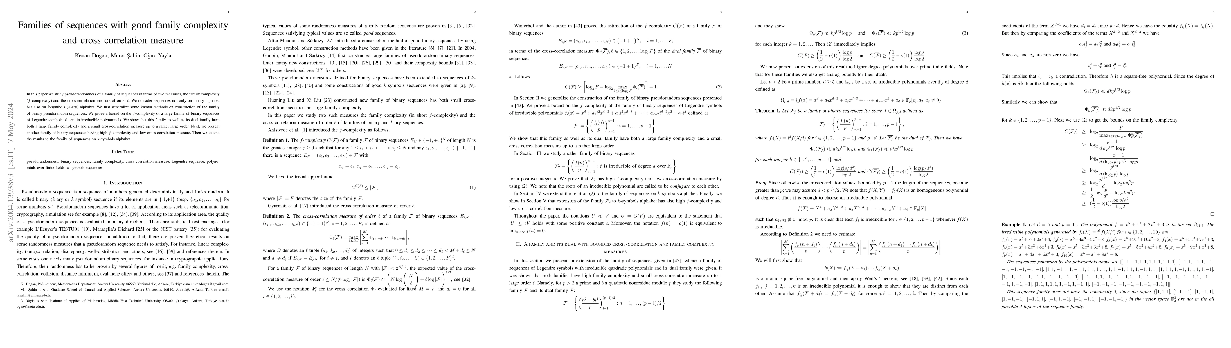Thumbnail for Families of sequences with good family complexity and cross-correlation
  measure