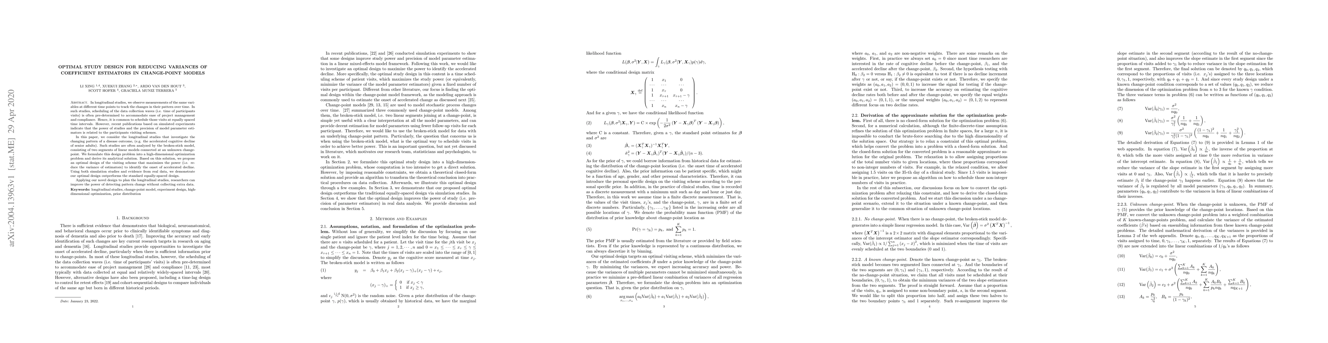 Thumbnail for Optimal Study Design for Reducing Variances of Coefficient Estimators in
  Change-Point Models