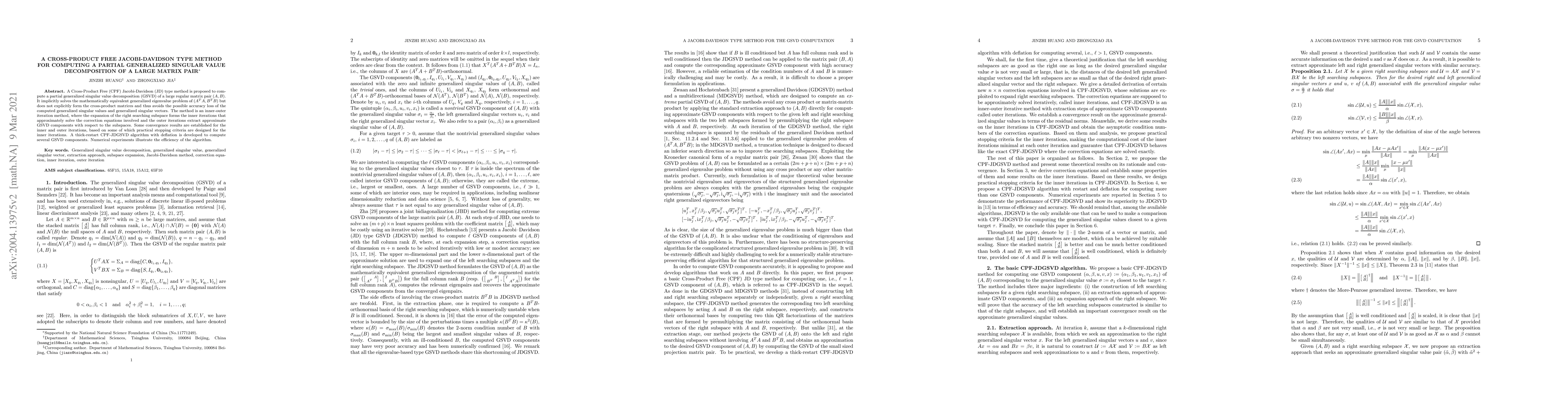 Thumbnail for A cross-product free Jacobi-Davidson type method for computing a partial
  generalized singular value decomposition (GSVD) of a large matrix pair