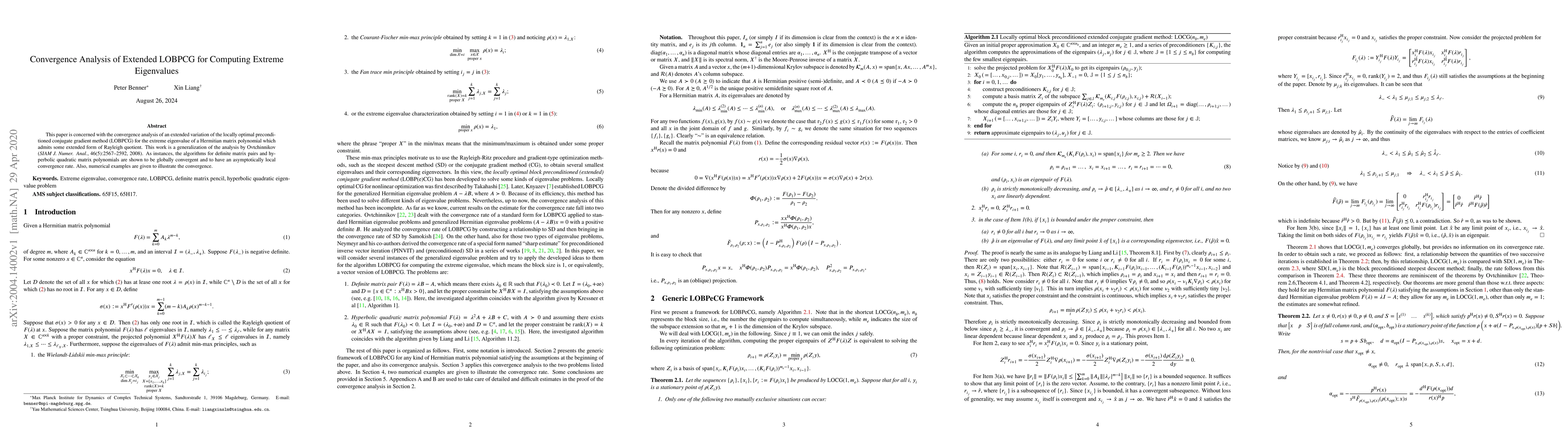 Thumbnail for Convergence Analysis of Extended LOBPCG for Computing Extreme
  Eigenvalues
