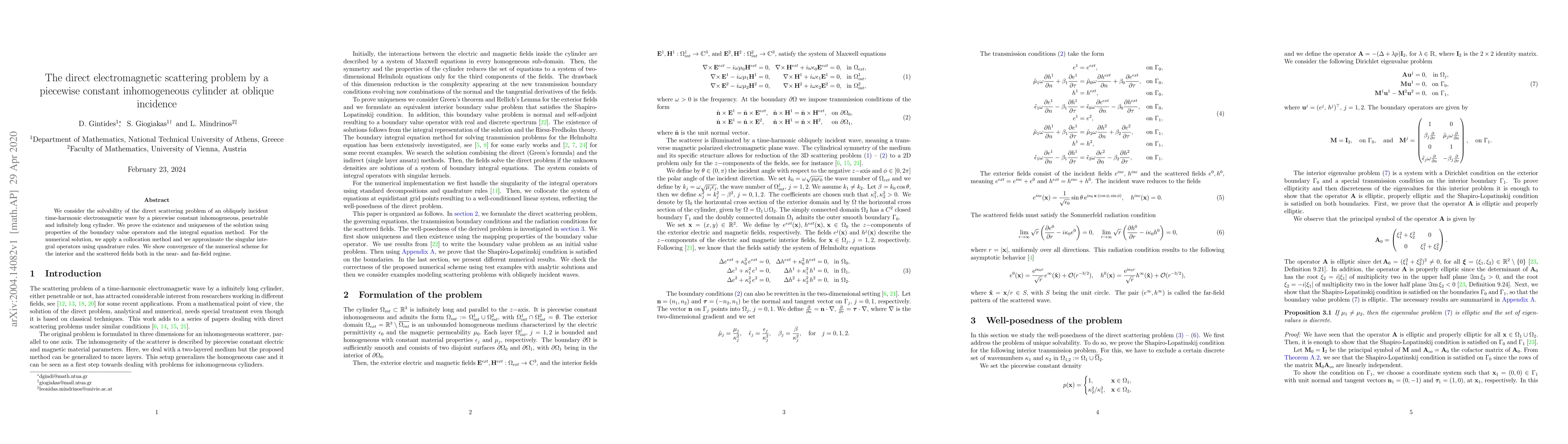 Thumbnail for The direct electromagnetic scattering problem by a piecewise constant
  inhomogeneous cylinder at oblique incidence
