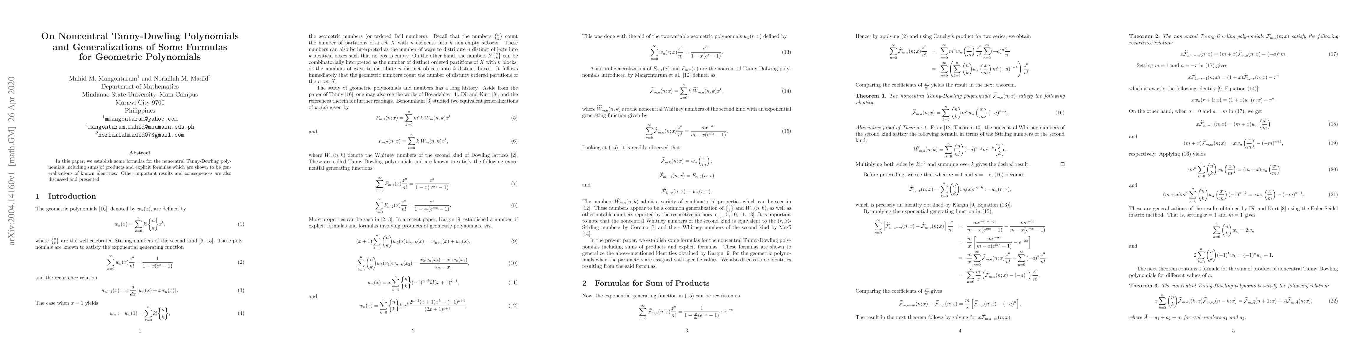 Thumbnail for On Noncentral Tanny-Dowling Polynomials and Generalizations of Some
  Formulas for Geometric Polynomials