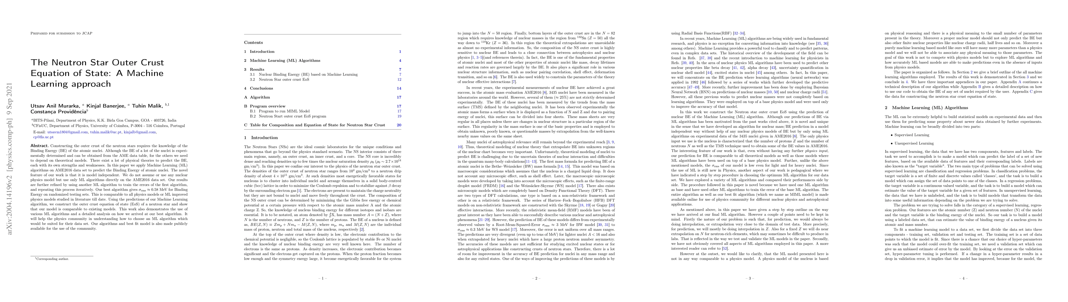 Thumbnail for The Neutron Star Outer Crust Equation of State: A Machine Learning
  approach
