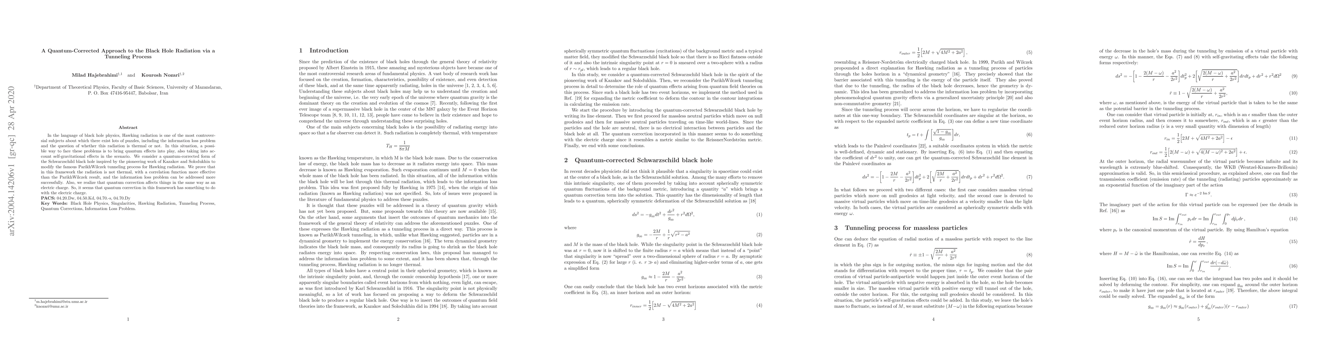 Thumbnail for A quantum-corrected approach to black hole radiation via a tunneling
  process