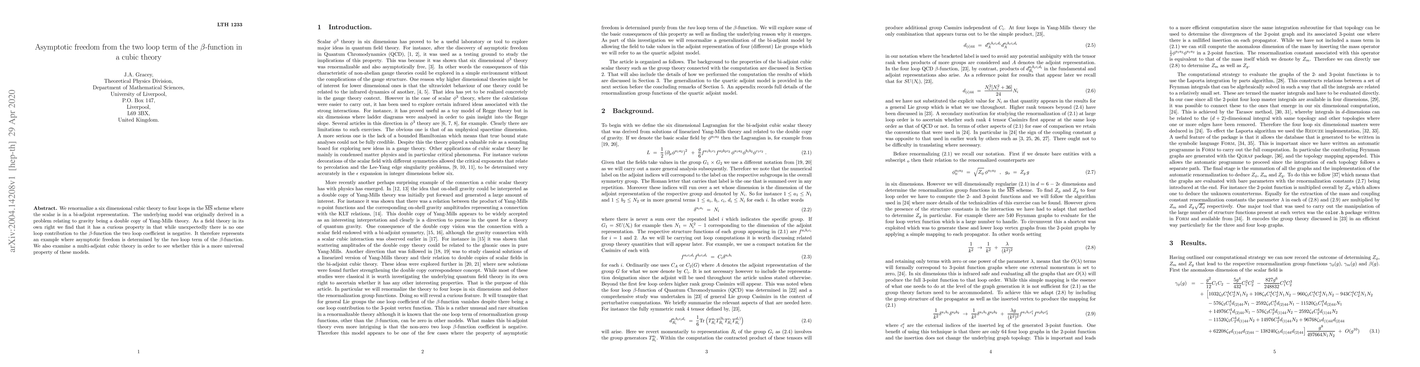 Thumbnail for Asymptotic freedom from the two loop term of the $\beta$-function in a
  cubic theory