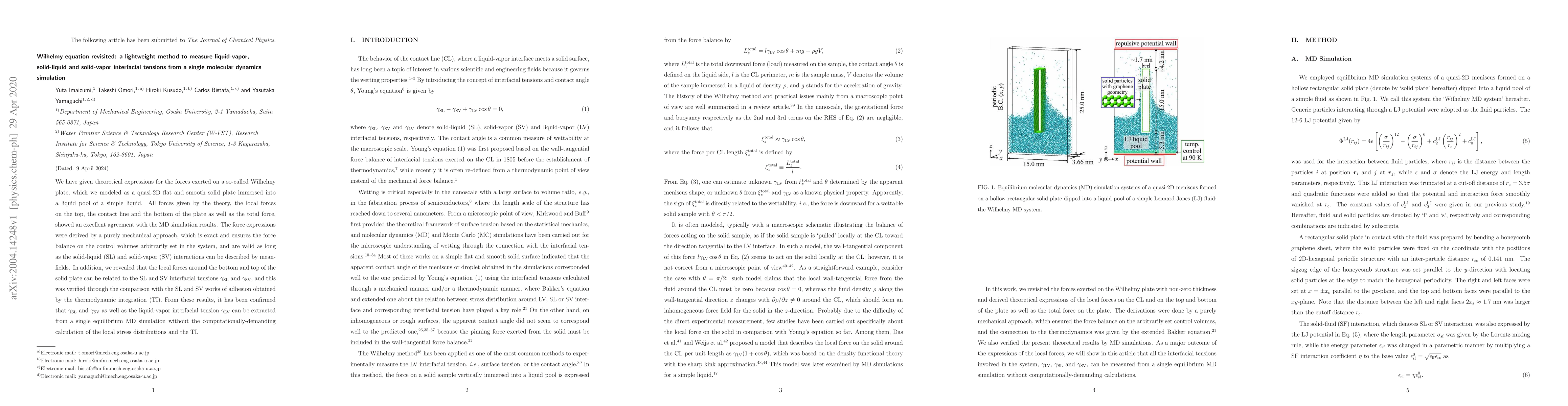 Thumbnail for Wilhelmy equation revisited: a lightweight method to measure
  liquid-vapor, solid-liquid and solid-vapor interfacial tensions from a single
  molecular dynamics simulation