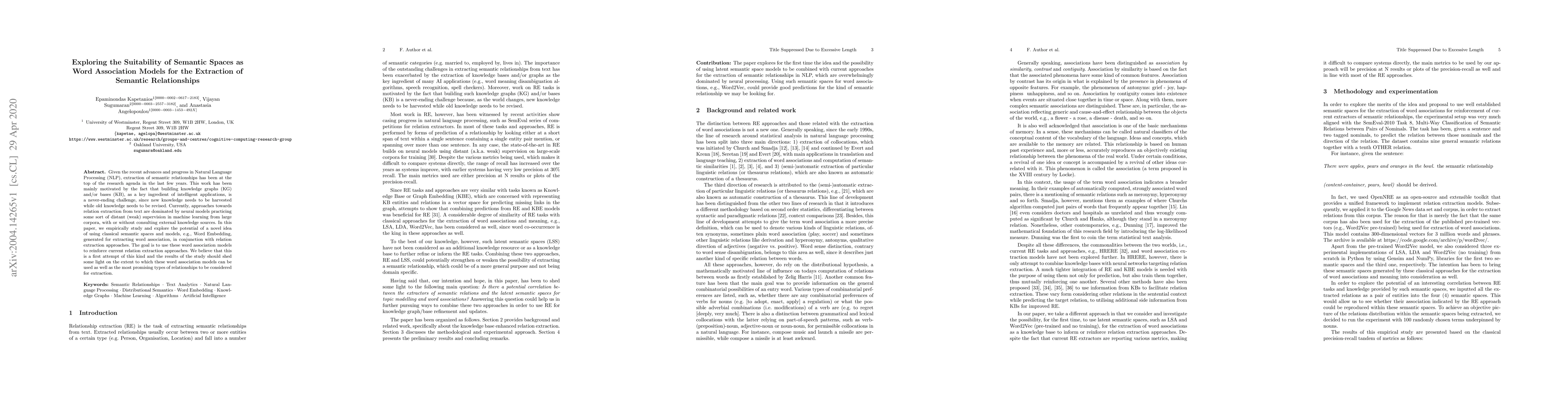 Thumbnail for Exploring the Suitability of Semantic Spaces as Word Association Models
  for the Extraction of Semantic Relationships