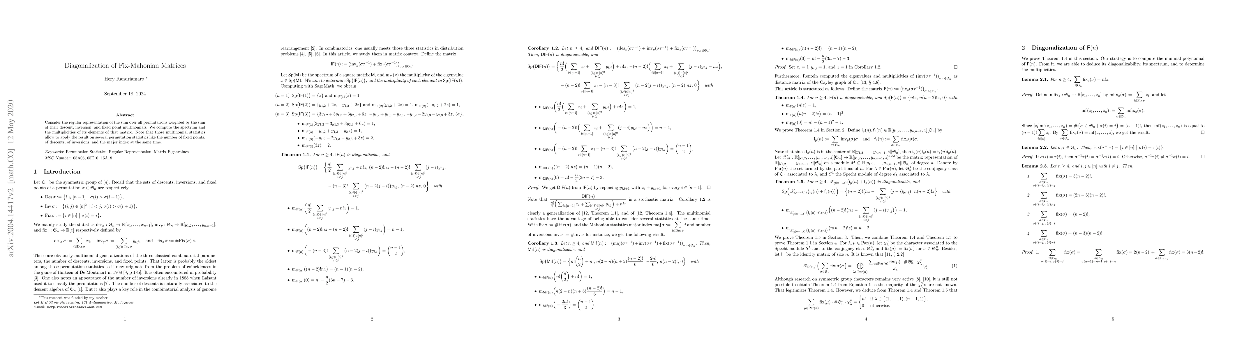 Thumbnail for Diagonalization of Fix-Mahonian Matrices