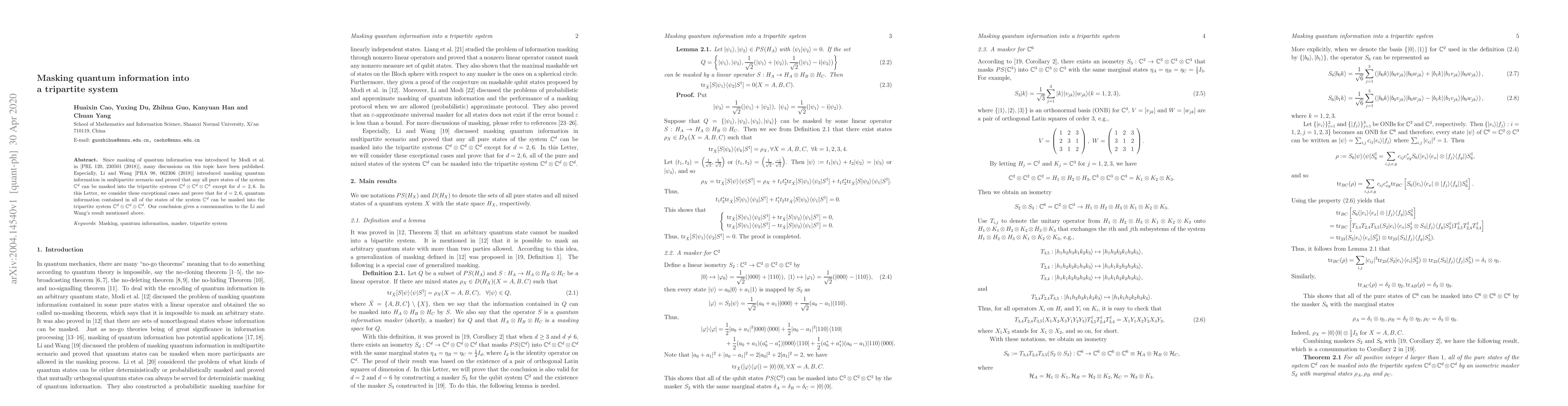 Thumbnail for Masking quantum information into a tripartite syste