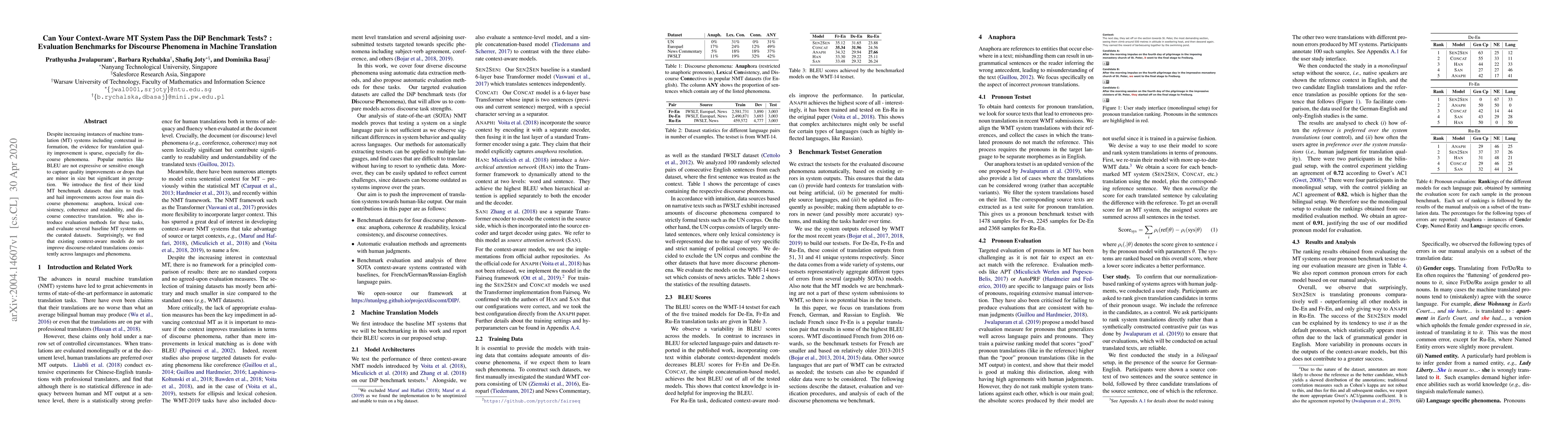 Thumbnail for Can Your Context-Aware MT System Pass the DiP Benchmark Tests? :
  Evaluation Benchmarks for Discourse Phenomena in Machine Translation