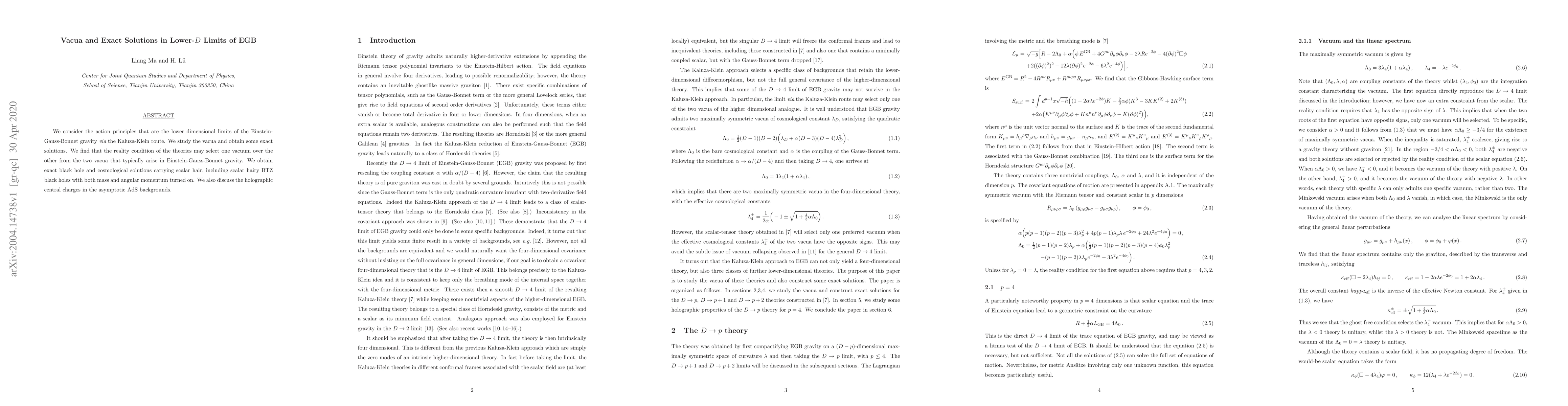Thumbnail for Vacua and Exact Solutions in Lower-$D$ Limits of EGB