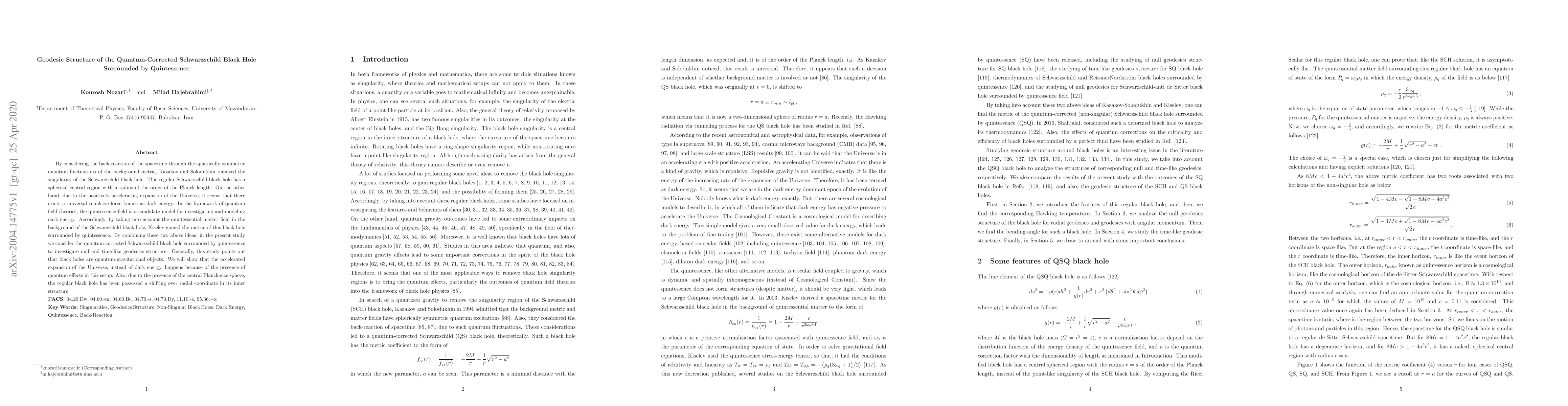 Thumbnail for Geodesic Structure of the Quantum-Corrected Schwarzschild Black Hole
  Surrounded by Quintessence
