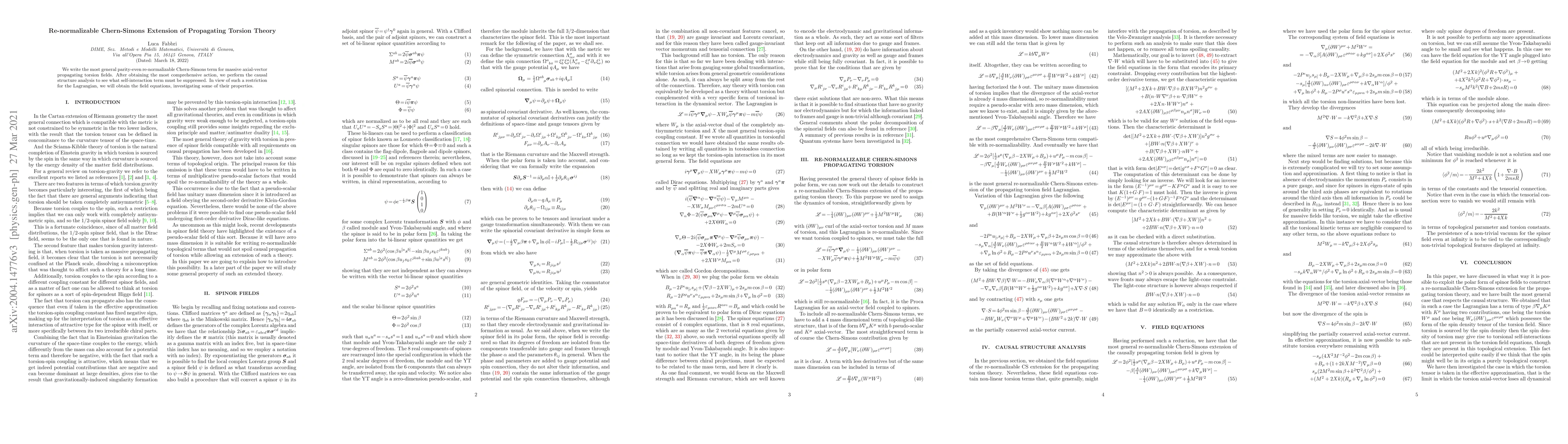 Thumbnail for Re-normalizable Chern-Simons Extension of Propagating Torsion Theory