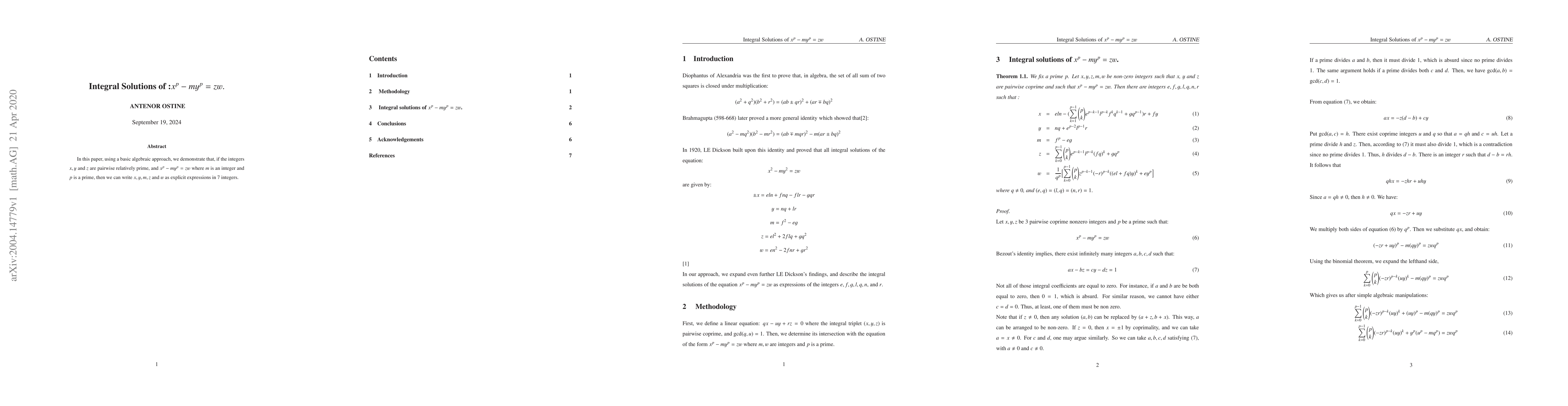 Thumbnail for Integral Solutions of $ x^p-my^p=zw$