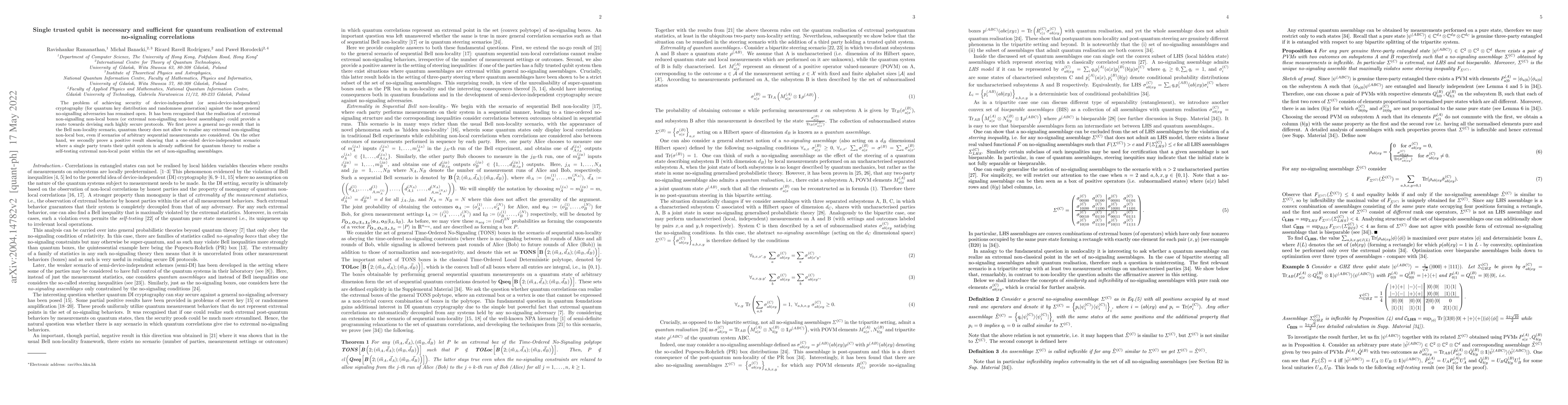 Thumbnail for Single trusted qubit is necessary and sufficient for quantum realisation
  of extremal no-signaling correlations