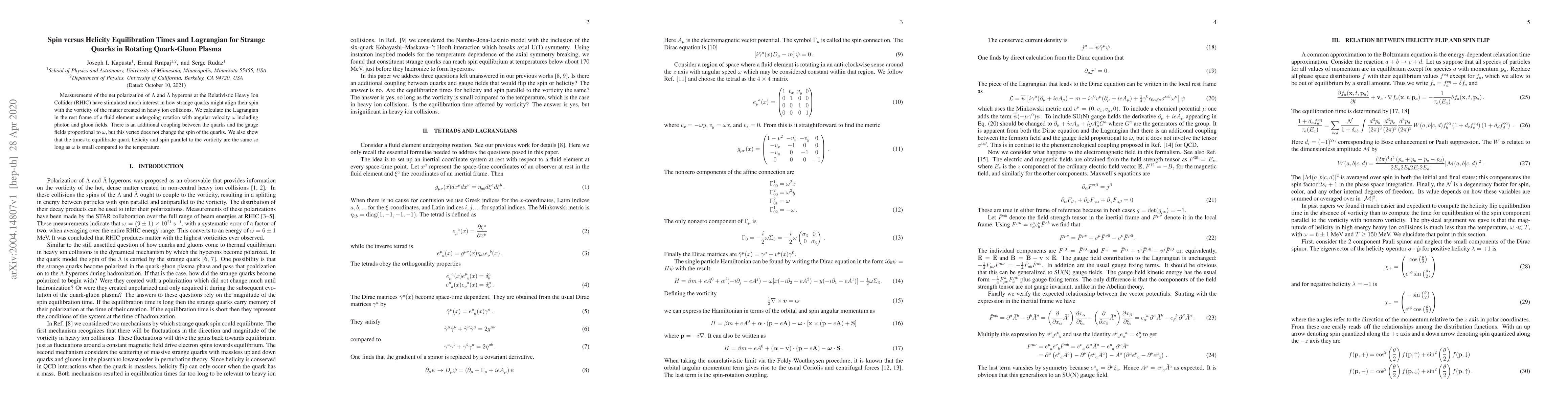 Thumbnail for Spin versus Helicity Equilibration Times and Lagrangian for Strange
  Quarks in Rotating Quark-Gluon Plasma