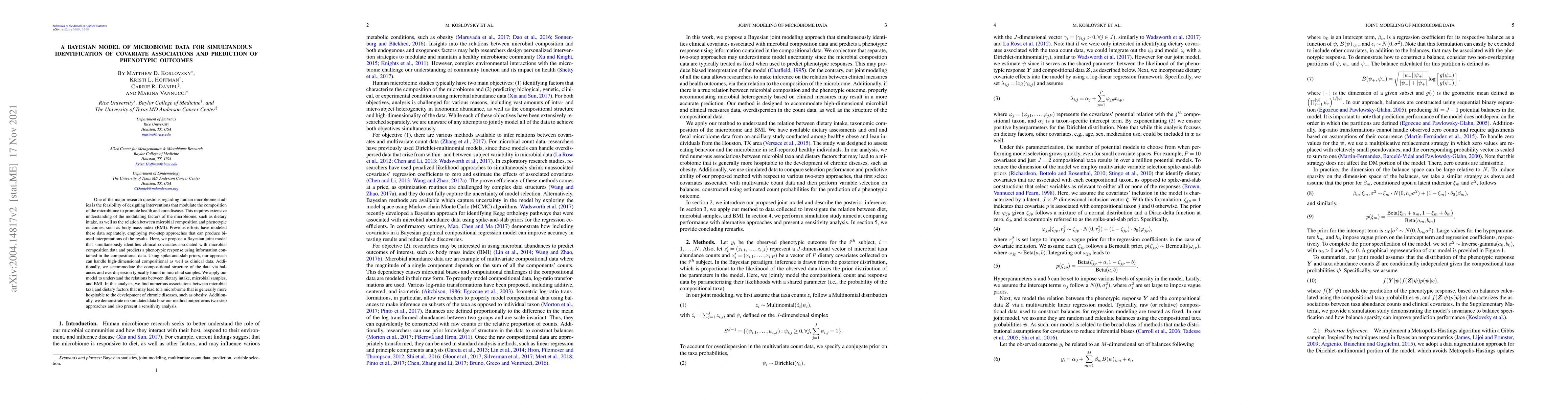 Thumbnail for A Bayesian model of microbiome data for simultaneous identification of
  covariate associations and prediction of phenotypic outcomes
