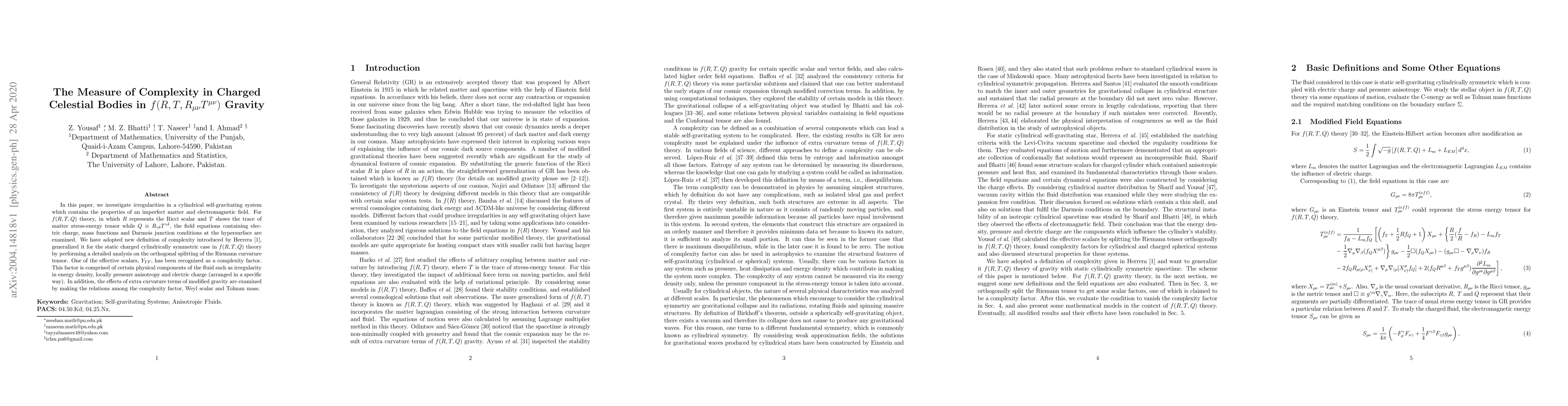 Thumbnail for The Measure of Complexity in Charged Celestial Bodies in
  $f(R,T,R_{\mu\nu}T^{\mu\nu})$ Gravity