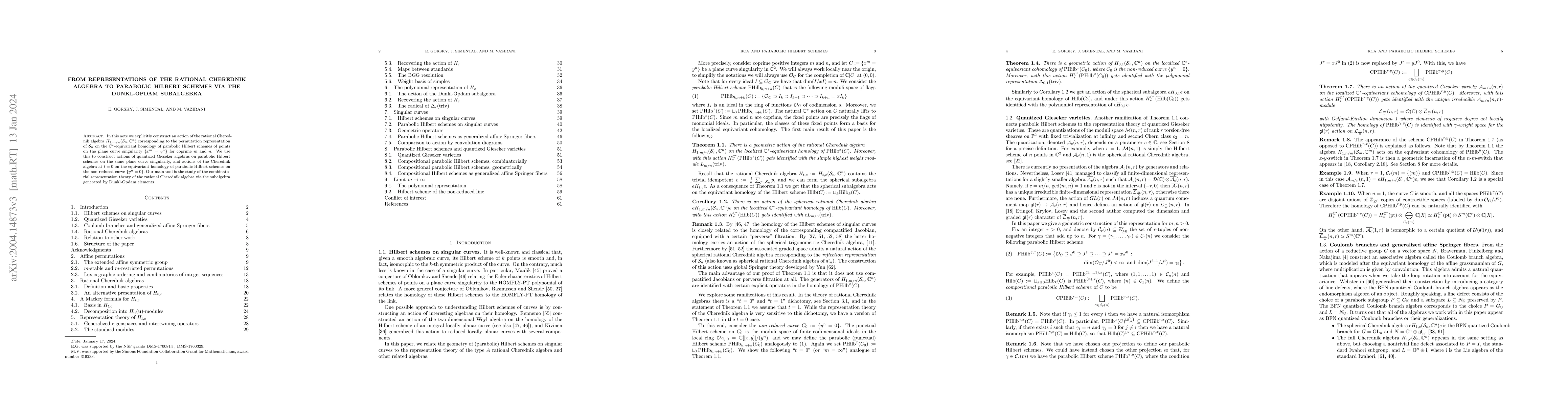 Thumbnail for From representations of the rational Cherednik algebra to parabolic
  Hilbert schemes via the Dunkl-Opdam subalgebra