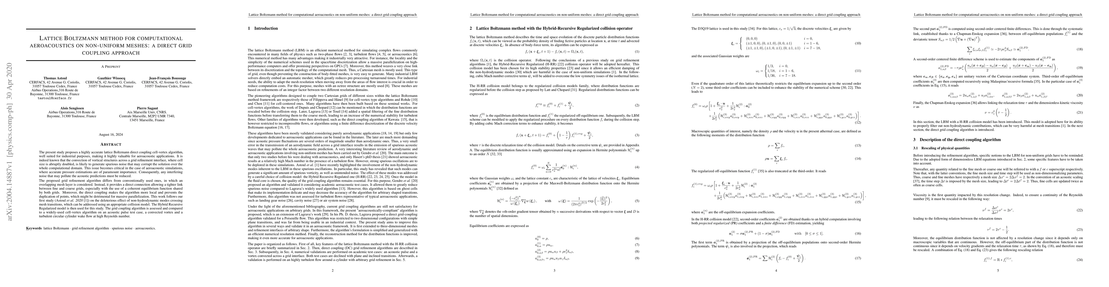 Thumbnail for Lattice Boltzmann method for computational aeroacoustics on non-uniform
  meshes: a direct grid coupling approach