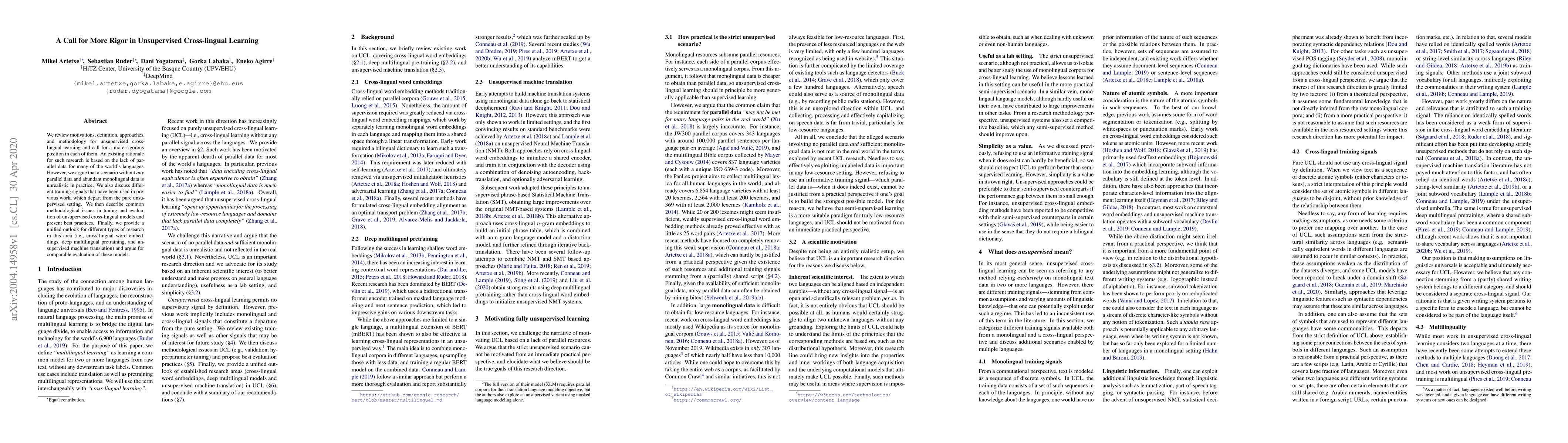 Thumbnail for A Call for More Rigor in Unsupervised Cross-lingual Learning