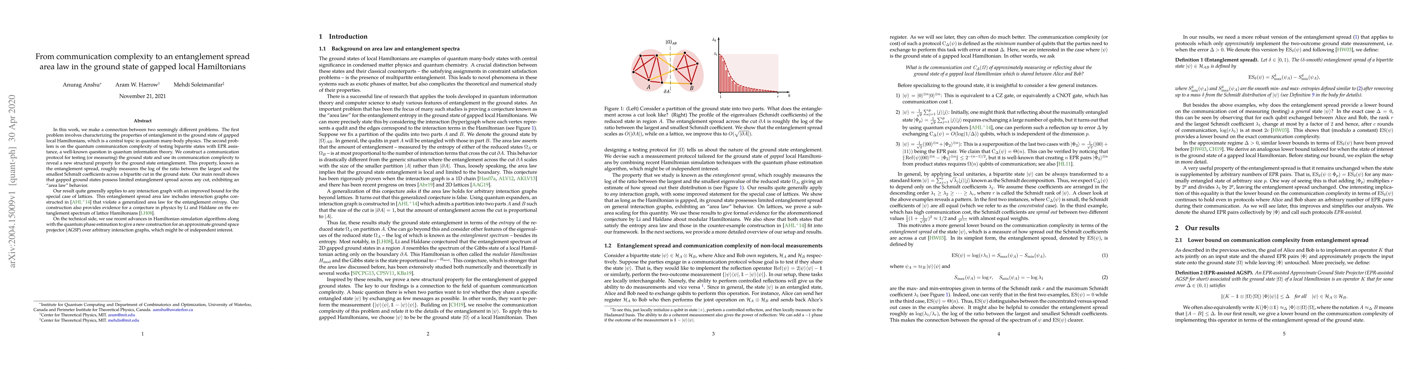 Thumbnail for From communication complexity to an entanglement spread area law in the
  ground state of gapped local Hamiltonians