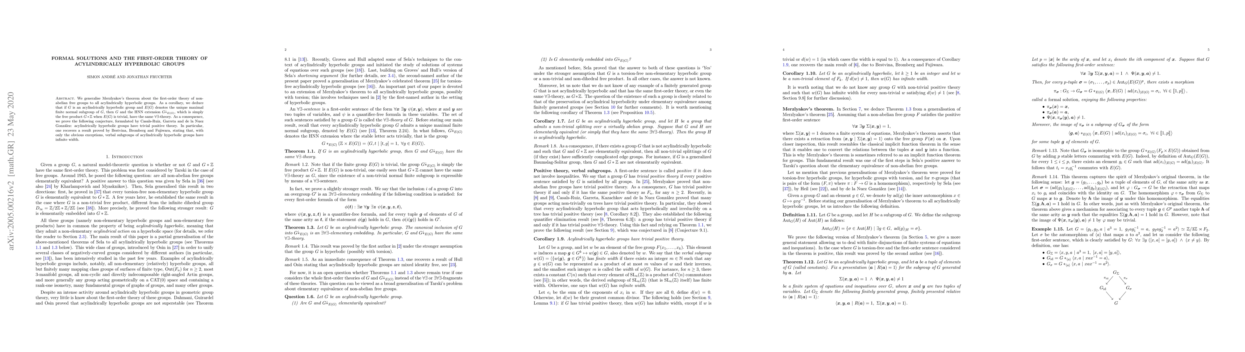 Thumbnail for Formal solutions and the first-order theory of acylindrically hyperbolic
  groups