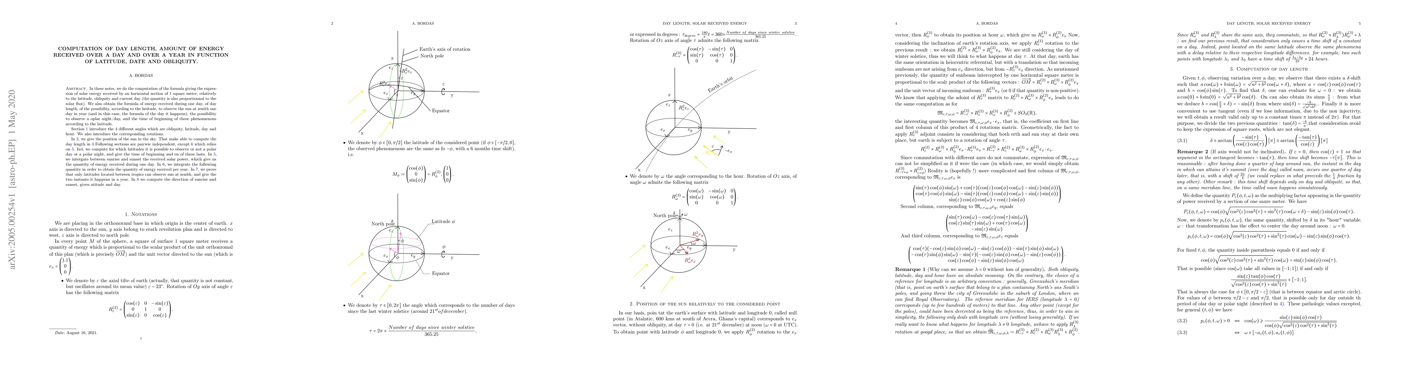 Thumbnail for Computation of day length, amount of energy received over a day and over
  a year in function of latitude, date and obliquity
