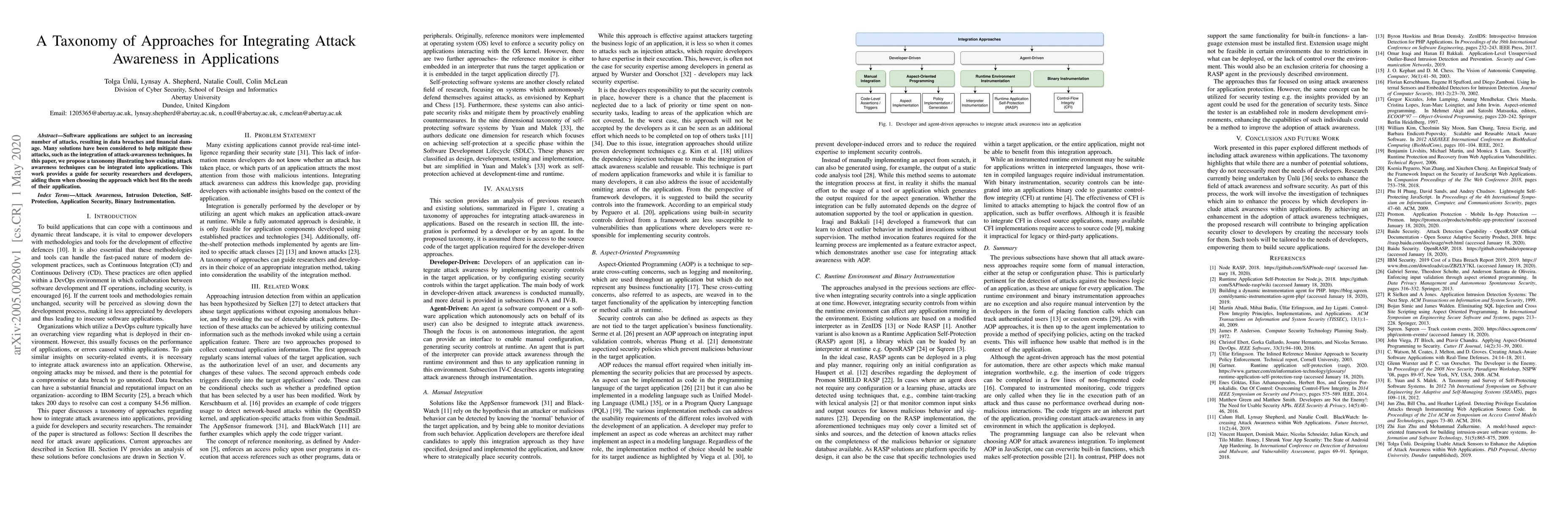 Thumbnail for A Taxonomy of Approaches for Integrating Attack Awareness in
  Applications