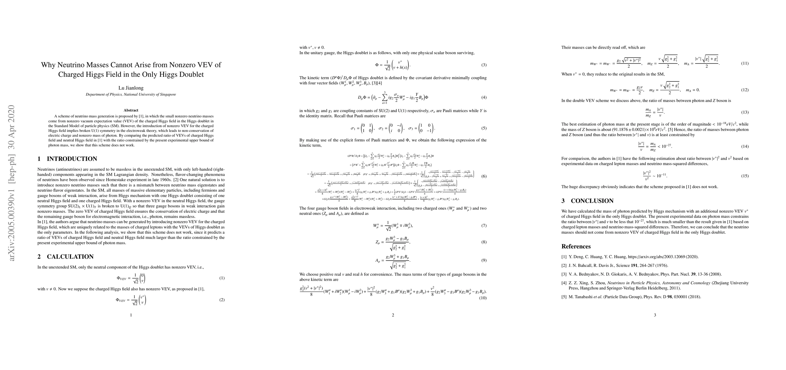Thumbnail for Why Neutrino Masses Cannot Arise from Nonzero VEV of Charged Higgs Field
  in the Only Higgs Doublet